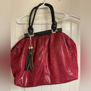 Luxurious GALIAN Red and Black Leather Tote with Tassel